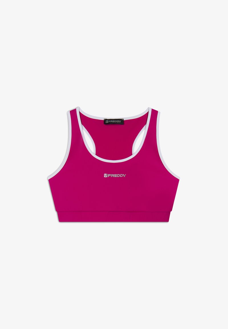 Top sportivo fucsia con bordi bianchi, scollatura a giro e design racerback. Presenta un logo argento centrato sul davanti. Tessuto dalla superficie liscia.