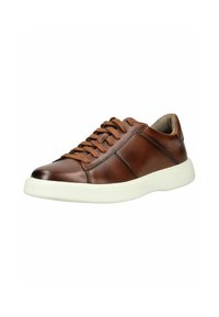 Braune Leder-Sneaker mit glatter Oberfläche, Schnürdesign, weißer Gummisohle und dezenten Nähdetails.