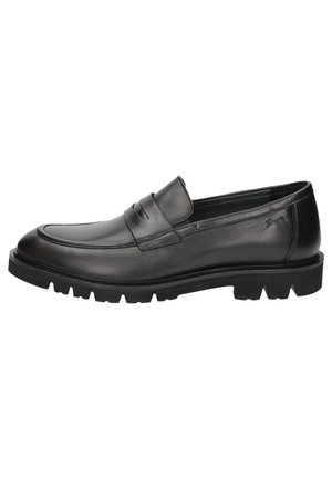 Schwarzer Leder-Slipper mit dicker Gummisohle und kleinem, geprägtem Markenlogo an der Seite.