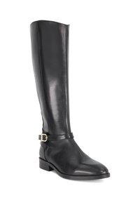 Black leather knee-high boot with a rounded toe, a small block heel, and a decorative strap with a gold buckle. Smooth texture.
