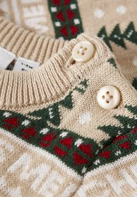 Pull en tricot beige avec des motifs de fête verts, rouges et blancs. Doté de deux boutons ronds crème à l'épaule et d'un col côtelé.