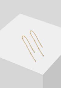 Cercei din aur cu un design în lanț, având bare elongate și drepte, precum și accente sferice mici, oferind un aspect texturat.
