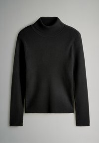 Mustat ribbereidet turtleneck-neuleet pitkillä hihoilla, tiukka siluetti ja teksturoitu neulepinta. Sujuva kangas, joka on pehmeän näköinen.