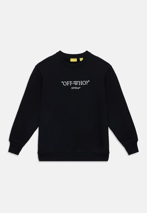 Sweat-shirt noir à manches longues avec texte blanc "OFF-WHO?" et petit logo "Off-White" centré sur le devant. Poignets et ourlet côtelés.