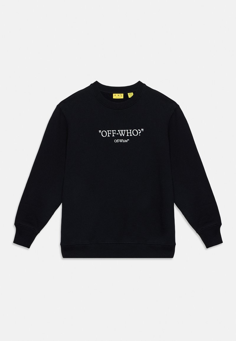 Sweat-shirt noir à manches longues avec texte blanc "OFF-WHO?" et petit logo "Off-White" centré sur le devant. Poignets et ourlet côtelés.