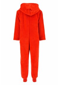Red fleece onesie with a hood, long sleeves, and elastic cuffs. Soft texture and full-length design with no visible hardware details.