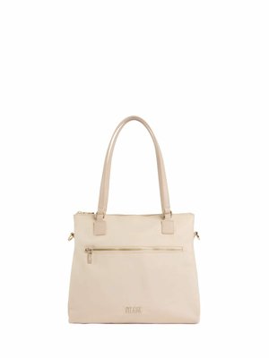 Borsa a mano beige rettangolare con doppie maniglie, tasca frontale con zip e piccolo logo del marchio in rilievo al centro in basso.