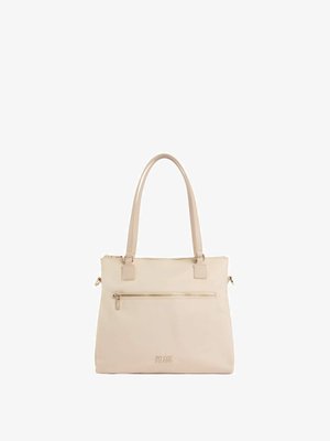 Borsa a mano beige rettangolare con doppie maniglie, tasca frontale con zip e piccolo logo del marchio in rilievo al centro in basso.