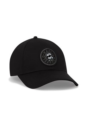 Casquette de baseball noire avec une visière incurvée et un écusson circulaire présentant un personnage stylisé portant des lunettes de soleil et du texte autour du bord.