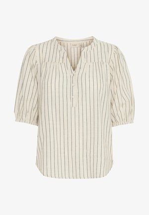 Blouse beige clair avec des rayures verticales marines, décolleté rond avec une patte de boutonnage partielle et des manches courtes bouffantes. Tissu doux et texturé.