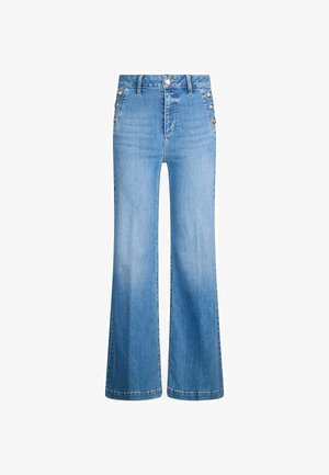 Jeans flared in denim azzurro chiaro con vita alta, caratterizzati da sei bottoni decorativi sui lati e orlo pulito. Texture liscia in tutto il capo.