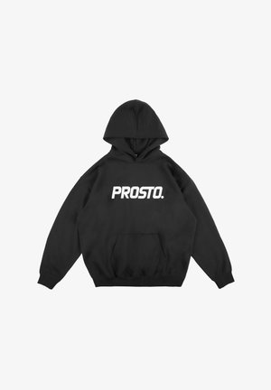 Czarna bluza z kapturem wykonana z mieszanki bawełny, z przednią kieszenią, ściągaczami przy mankietach i białym logo "PROSTO." na piersi.