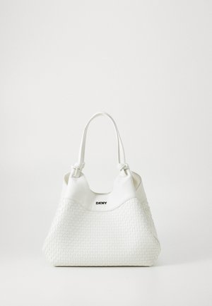 Woven white leather handbag with a smooth upper, dual short handles, and a DKNY logo displayed prominently on the front.