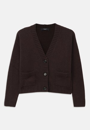 Dark brown knitted cardigan with a V-neck, ribbed edges, black buttons, and two front pockets. Soft texture and cropped design.