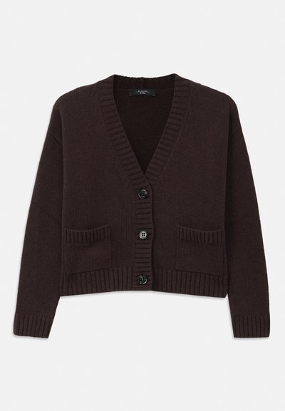 Dark brown knitted cardigan with a V-neck, ribbed edges, black buttons, and two front pockets. Soft texture and cropped design.