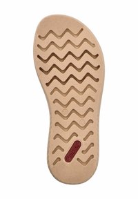 Sole in gomma color nocciola con motivo a zigzag per una migliore aderenza. Presenta una superficie liscia e un logo di marca rosso. Taglia 37 indicata.