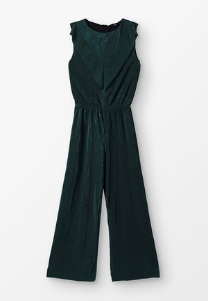 Dunkelgrüner, ärmelloser Overall mit vertikalen Streifen, gerafftem Detail am Ausschnitt und einer taillierten Passform, die in weite, fließende Beine übergeht.