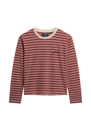 Langarm t-shirt met rood-witte horizontale strepen, crèmekleurige kraag en klein "Superdry" logo op de linkerborst.