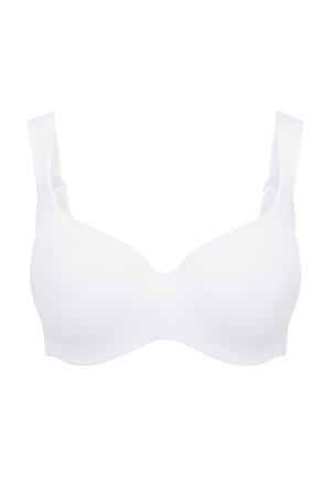 Hvid polstret bh med justerbare stropper, glat stof og sømløst design. Har en rund form og en hægte-ogøje lukning bagpå.