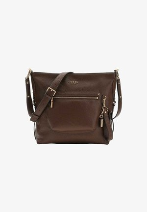 Sac à bandoulière en cuir marron avec une finition texturée, doté d'une poche zippée à l'avant, d'une sangle ajustable et d'accents métalliques. Logo affiché sur le devant.