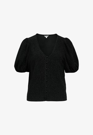 Musta lyhythihainen pusero, jossa on puffihihat, V-pääntie ja rivi peitettyjä nappeja edessä.