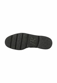 Suola di scarpa in gomma nera con superficie testurizzata, caratterizzata da scanalature orizzontali e un logo. Bordo liscio e design della punta arrotondata.