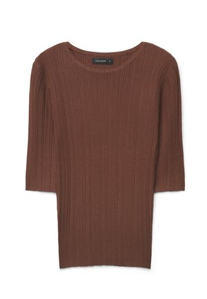 Maglione marrone in maglia coste a maniche corte con scollo arrotondato, taglia small, etichettato Calliope.
