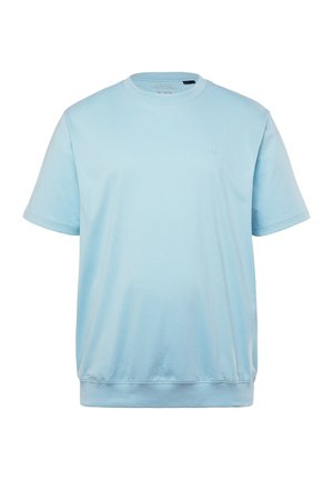 T-shirt bleu clair à manches courtes en coton doux, avec un col rond et un logo brodé sur la poitrine.