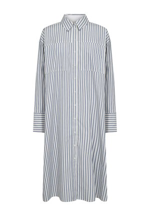 Pusero-mekko pitkillä hihoilla, sinivalkoisilla pystysuorilla raidoilla, kahdella rintataskulla ja rento leikkaus. Valmistettu kevyestä kankaasta.