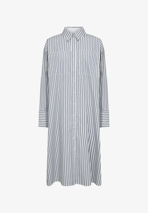 Pusero-mekko pitkillä hihoilla, sinivalkoisilla pystysuorilla raidoilla, kahdella rintataskulla ja rento leikkaus. Valmistettu kevyestä kankaasta.