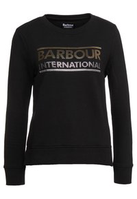 Černá mikina s dlouhými rukávy a kulatým výstřihem, na přední straně na prsou zlatý a stříbrný nápis "BARBOUR INTERNATIONAL". Materiál je směs bavlny.