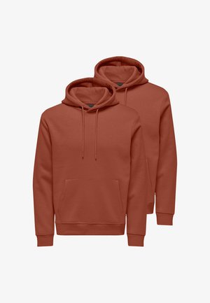 Two hoodies in a rust color, made from soft fabric, featuring kangaroo pockets, drawstrings on the hood, and ribbed cuffs and hem.