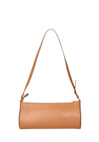 Borsa a spalla in pelle beige con forma cilindrica, tracolla regolabile e chiusura a zip. Texture liscia con design minimalista e accessori in oro.
