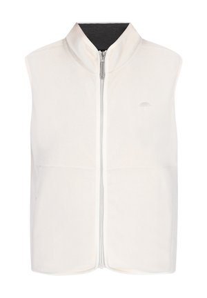 Biely bezrukávový top s vysokým golierom, predným zipsom a dvoma horizontálnymi prednými vreckami. Mäkká textúrovaná tkanina s decentným logom.