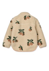 Kreemikas fliisjas mantel tekstuurse pinnaga, millel korduv rohelistest lehtedest ja virsikukarva viljadest koosnev muster, ümarad ääred ja krae.