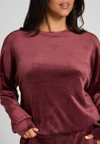 Bordeaux fluwelen sweatshirt met lange mouwen en een ronde hals. Beschikt over een zachte textuur en een iets losse pasvorm. Naaddetails zichtbaar.