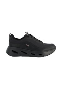 Black sports shoe with a textured fabric upper, lace closure, and a thick platform sole featuring cut-out sections for ventilation.