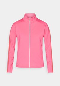 Pink athletic jacket, featuring a high collar, full zipper, and contrasting stripes on the sleeves. Made from smooth, lightweight fabric.