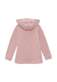 Lichtroze hoodie met lange mouwen, een grote capuchon en een rechte zoom. Gemaakt van zachte stof, zonder zichtbare patronen of versieringen.