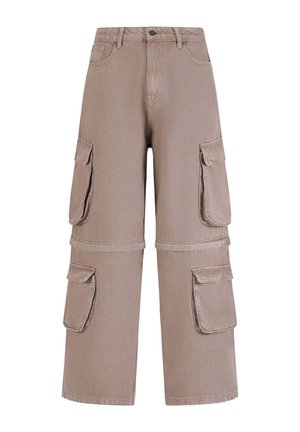 Cargo bukser i lys beige bomulds twill, med en afslappet pasform, flere sidelommer og forstærkede syninger ved kanten.