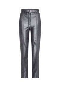 Black high-waist faux leather pants with a drawstring belt and tailored seam detailing down the front.