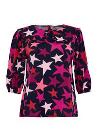 Langarmbluse aus marineblauem Stoff mit einem Sternenmuster in rosa und roten Farbtönen. Rüschensaum am Kragen und geraffte Ärmel mit elastischen Bündchen.