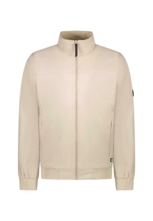 Beige jas met een opstaande kraag, volledige ritssluiting aan de voorkant, elastische manchetten en zoom. Glad materiaal met subtiele textuur. Voorzien van zijzakken.