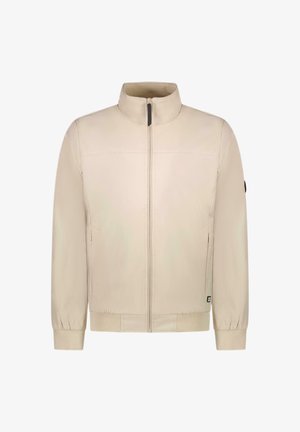 Beige jas met een opstaande kraag, volledige ritssluiting aan de voorkant, elastische manchetten en zoom. Glad materiaal met subtiele textuur. Voorzien van zijzakken.