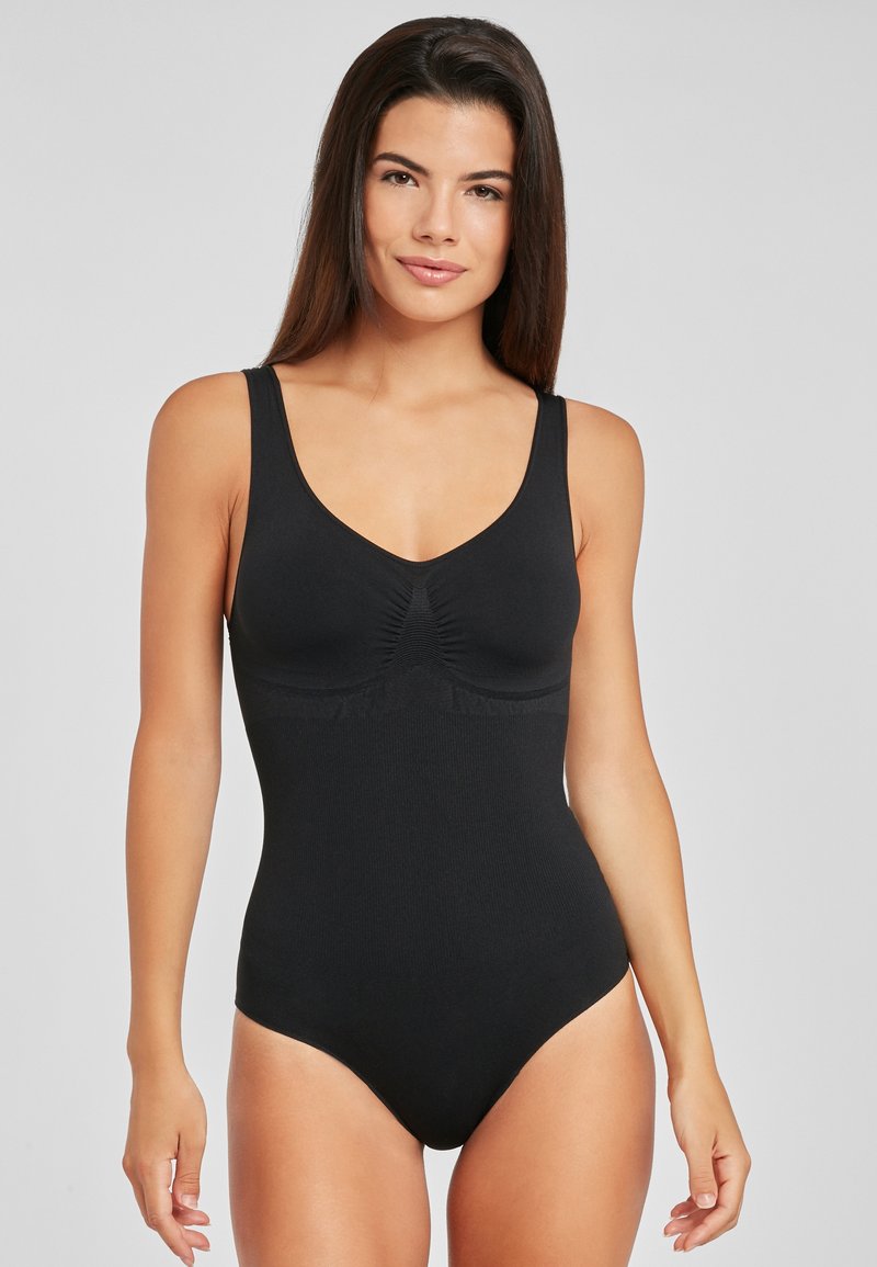 Black one-piece swimsuit featuring a scoop neckline, wide straps, and gathered detailing at the bust. Smooth, stretchy fabric.