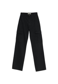 Schwarze Cargo-Hose mit gerader Passform, vier großen Taschen und Knopfverschluss. Aus strapazierfähigem Baumwollmaterial gefertigt.