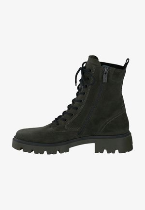 Dunkelgrüner Wildleder-Stiefelette mit einer Schnürung vorne, Seitenreißverschluss, robuster Gummisohle und kontrastierenden Steppnähten.