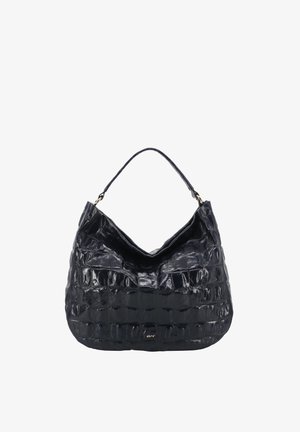 Schwarze, glänzende Handtasche aus Leder mit Krokodilmuster, einem einzelnen Schulterriemen und kleinem goldfarbenem "abro"-Logo mittig auf der Vorderseite.