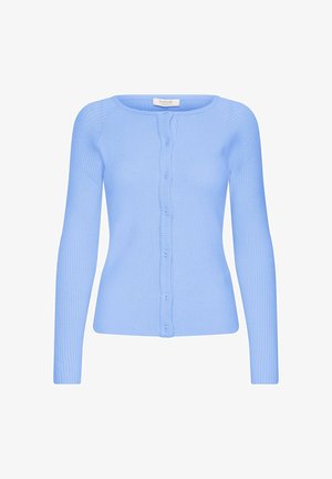 Cardigan a maniche lunghe di colore blu chiaro con struttura a costine, scollo rotondo e chiusura con bottoni frontali, silhouette aderente e etichetta del marchio all'interno del colletto.