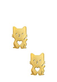 Deux breloques en forme de chat jaunes avec des détails en forme de cœur découpés, présentant des oreilles rondes et des traits faciaux simples, fabriquées dans un matériau lisse.